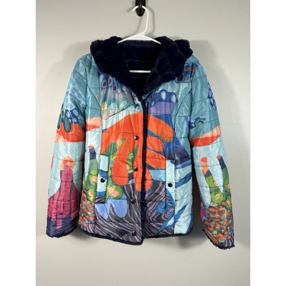 Claire Desjardins Jacket Womens XS Reversible‎ Faux Fur Wearable Art Watercolor